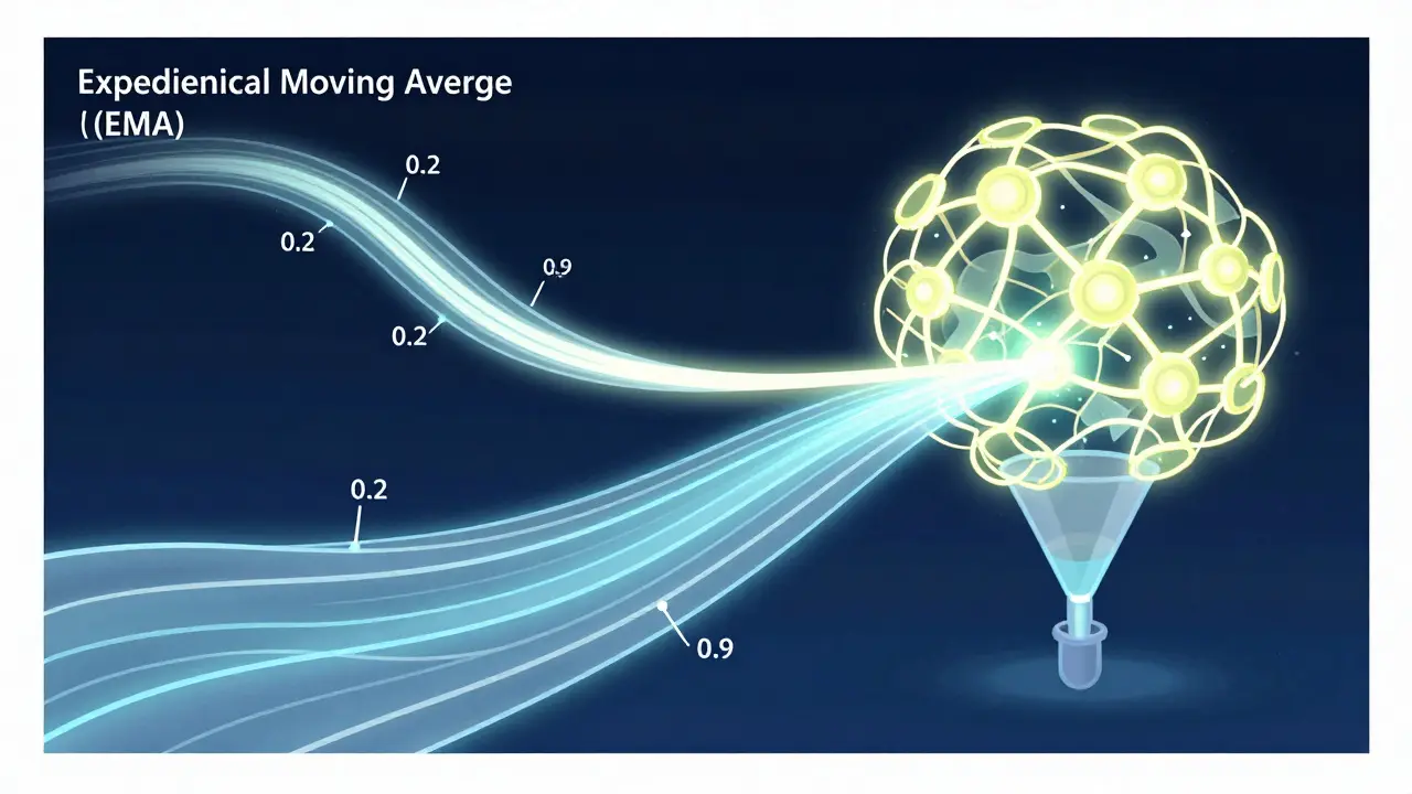 A neural network with weighted streams flowing into a final output, illustrating exponential moving average (EMA).