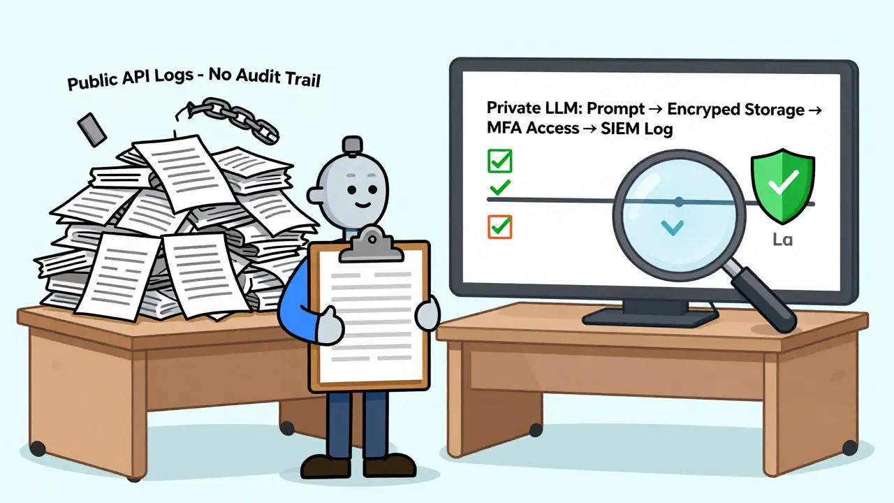 A regulator comparing chaotic public API logs with organized private LLM audit trails showing encrypted, traceable data paths.