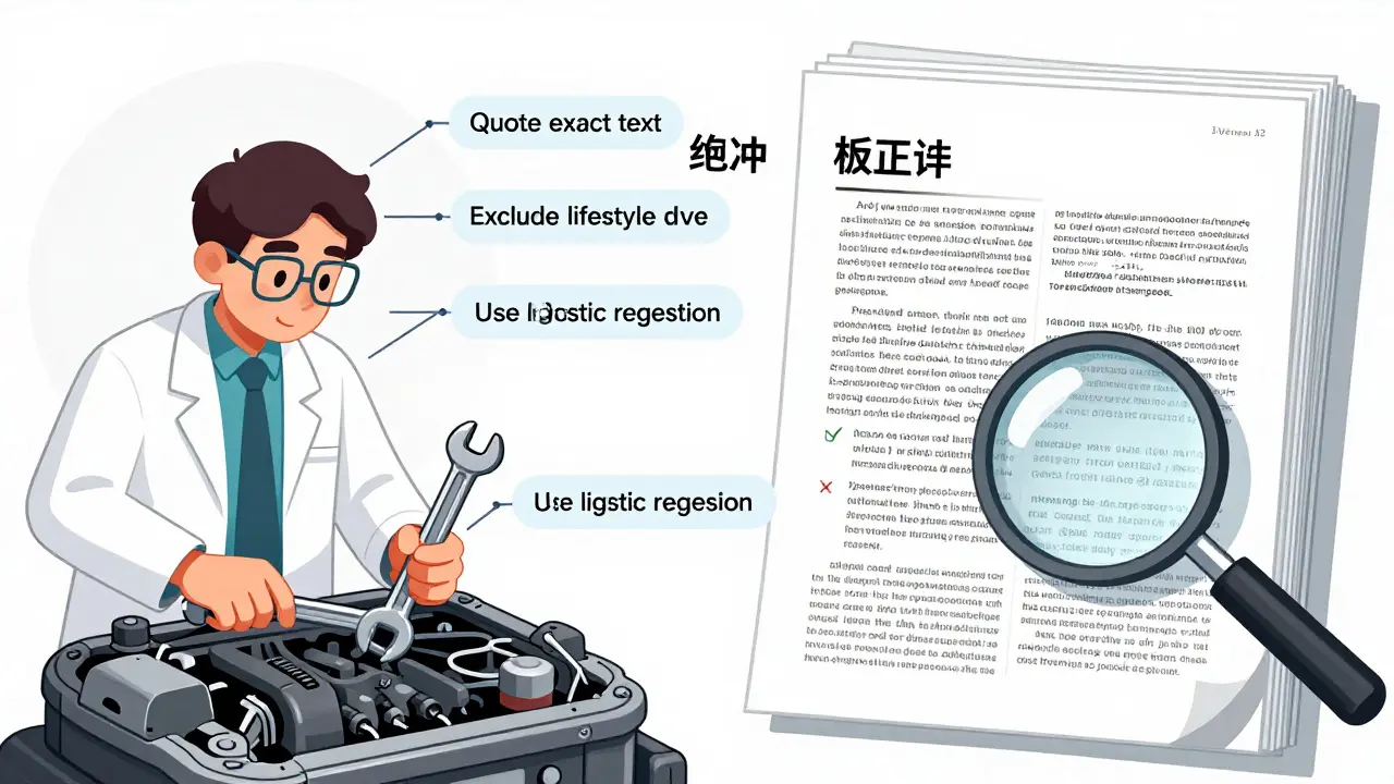 A researcher refining an AI prompt step by step, each adjustment reducing errors, with a magnifying glass verifying accuracy against a real journal.