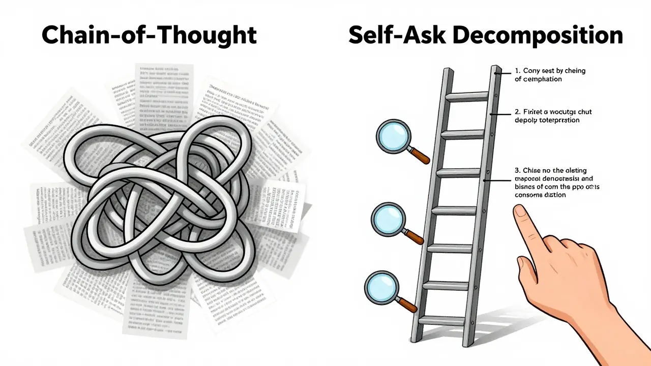A tangled knot of thoughts versus a clean ladder of step-by-step reasoning, with a hand pointing to the ladder.