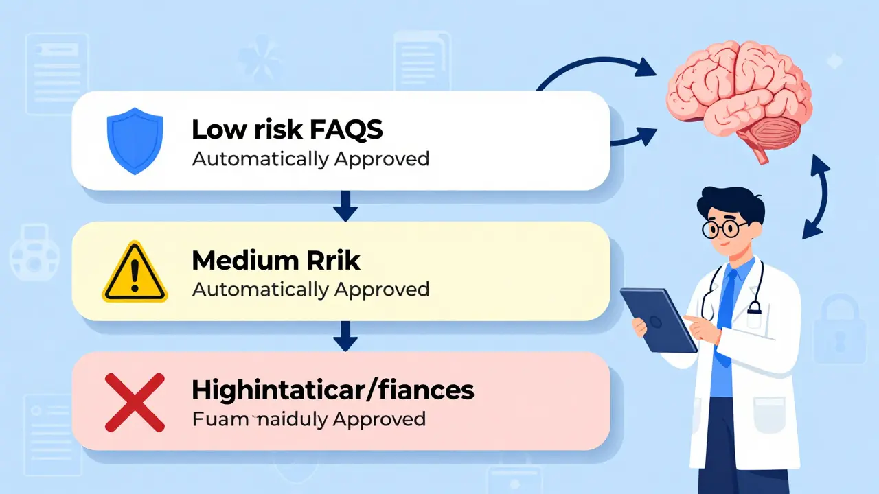 A tiered workflow system showing automated approvals and human-reviewed high-risk tasks like healthcare and finance.