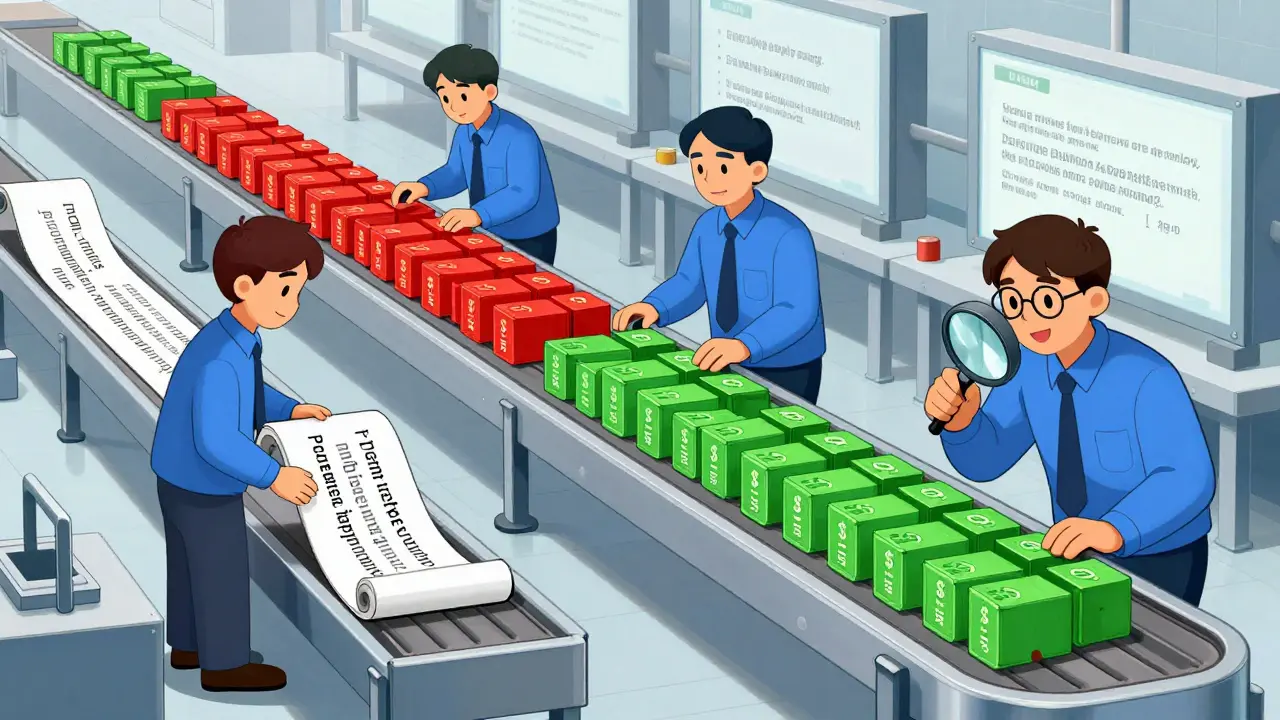 An assembly line processes LLM requests: trimming text, grouping batches, and matching similar queries to cut expenses.