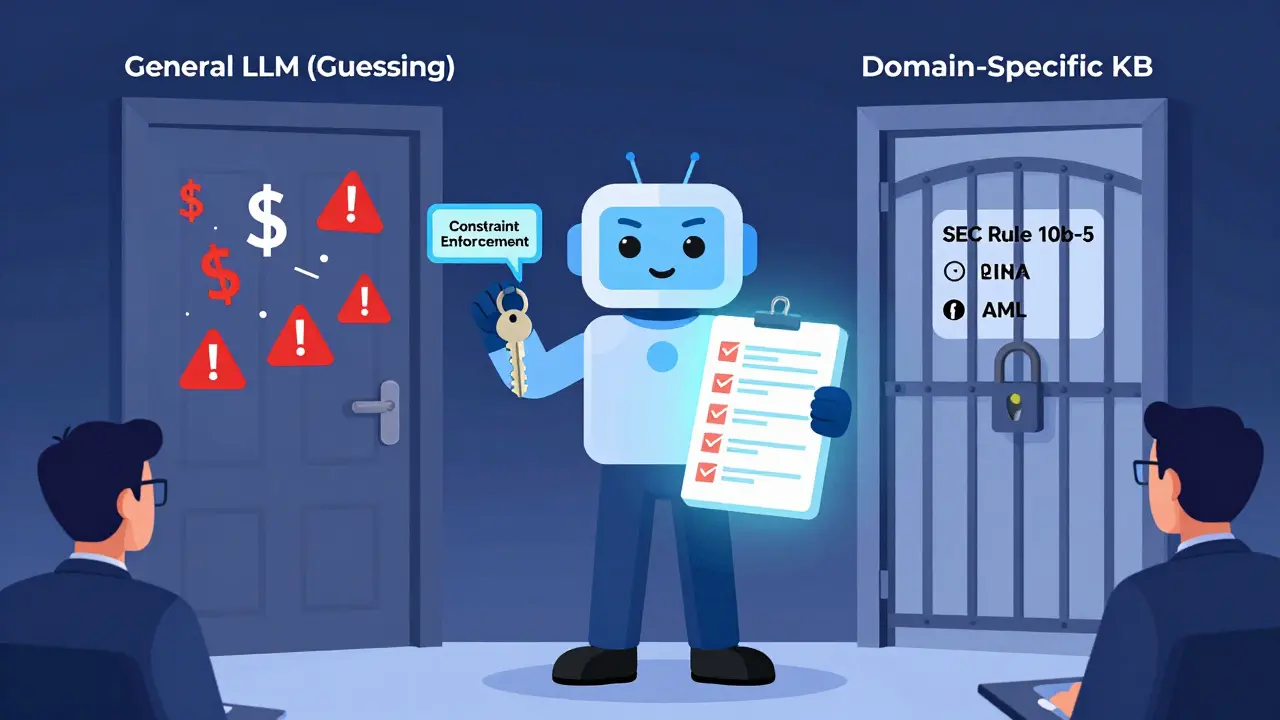Bank AI choosing compliant loan approval path over risky general AI options, with regulatory rules as gates.
