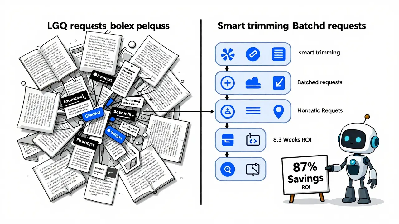 Chaotic LLM workflow vs. optimized one: trimmed prompts, batched requests, and cached answers lead to 87% cost reduction.