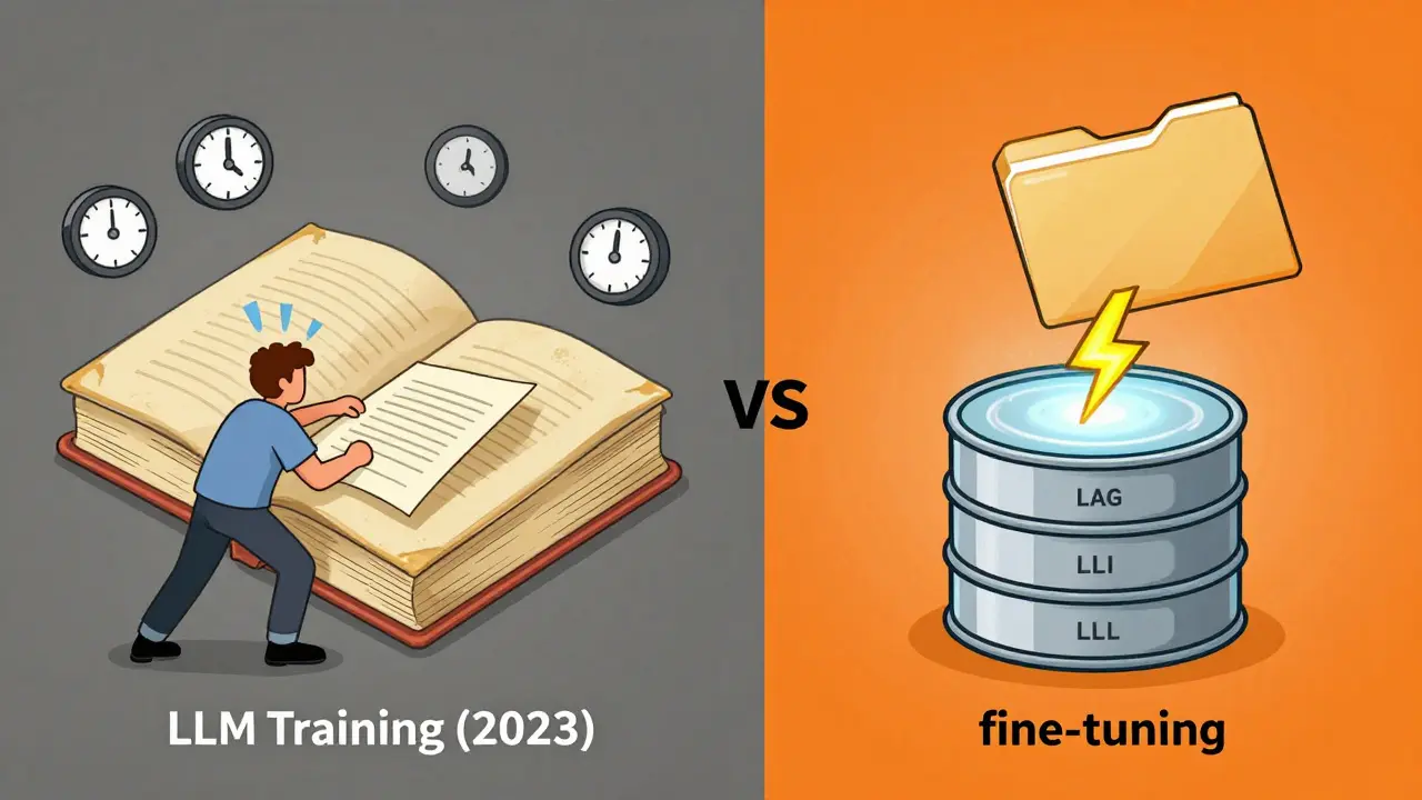 Comparison of expensive, slow fine-tuning vs quick, dynamic RAG update using document input.