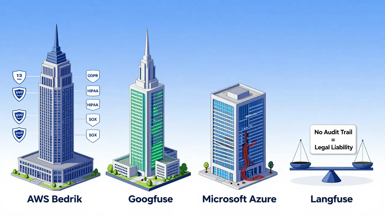 Comparison of four LLM security platforms as buildings, highlighting access controls and compliance features.