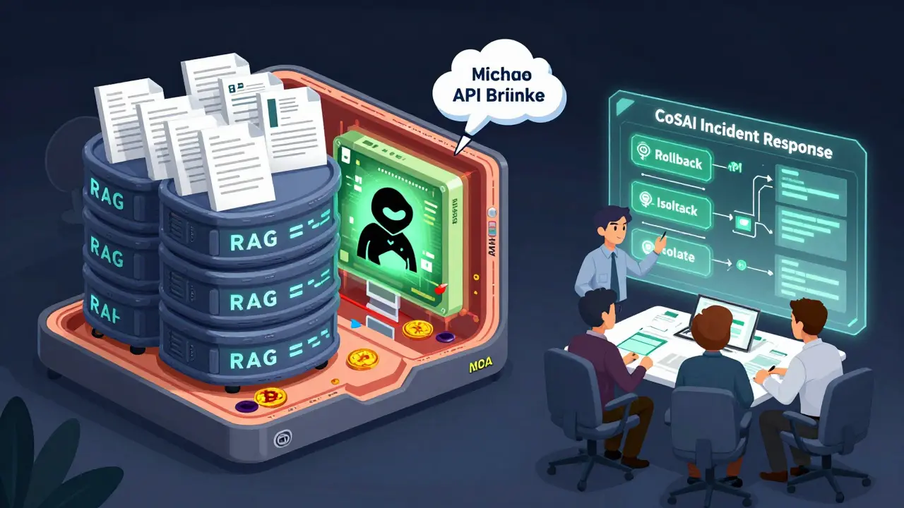 Cross-section of an AI system under attack, with specialists using a CoSAI playbook to contain prompt injection and memory corruption.