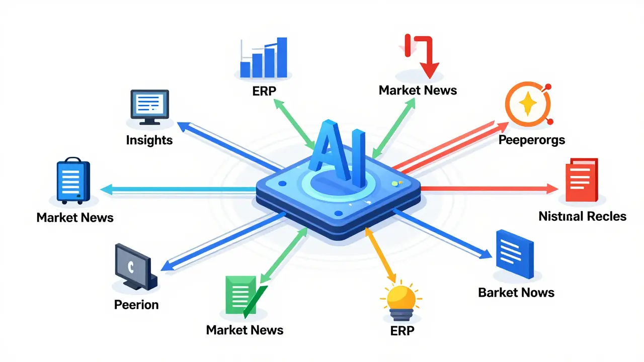 Data streams from ERP and market sources feeding into AI generating insights via abstract symbols.