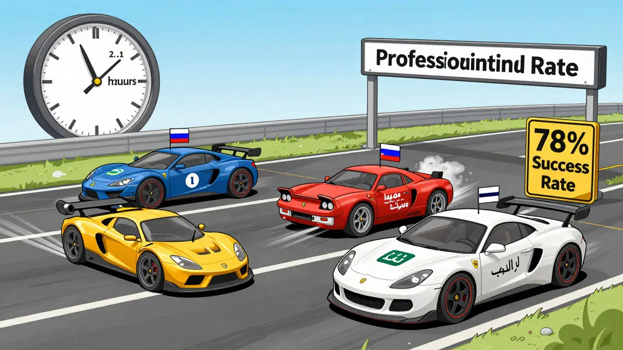 Four i18n methods shown as racing cars, with vibe coding leading but marked by low success rate.