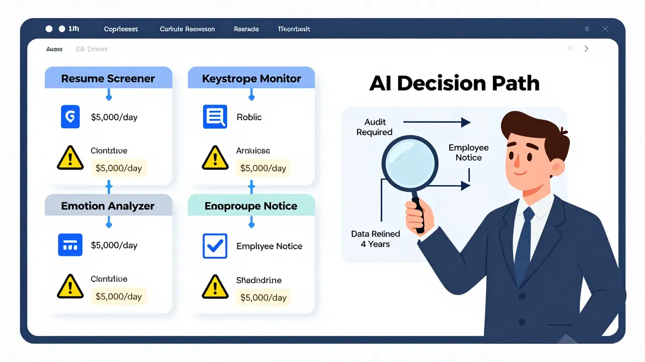 HR dashboard with AI tools emitting fines, connected to audit and disclosure requirements.