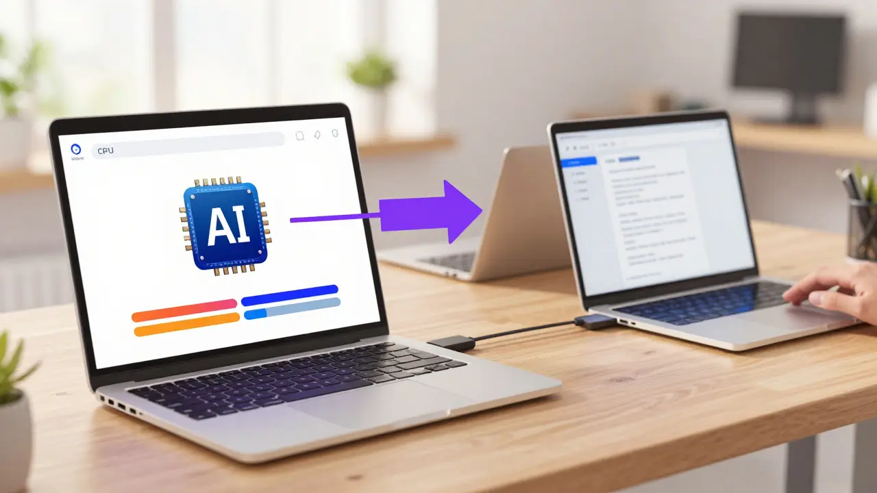 Laptop showing adaptive AI model resizing for local resources. Peer-to-peer sync between devices.