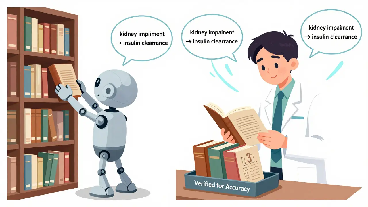 Library metaphor: robot grabbing books by keywords vs. expert reading and verifying content for accuracy.