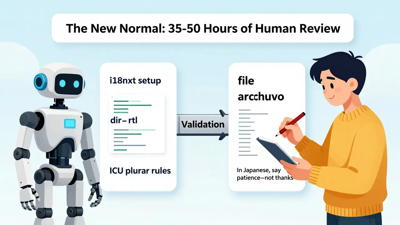 LLM generating i18n code on one side, human linguist correcting translations on the other, connected by a validation bridge.