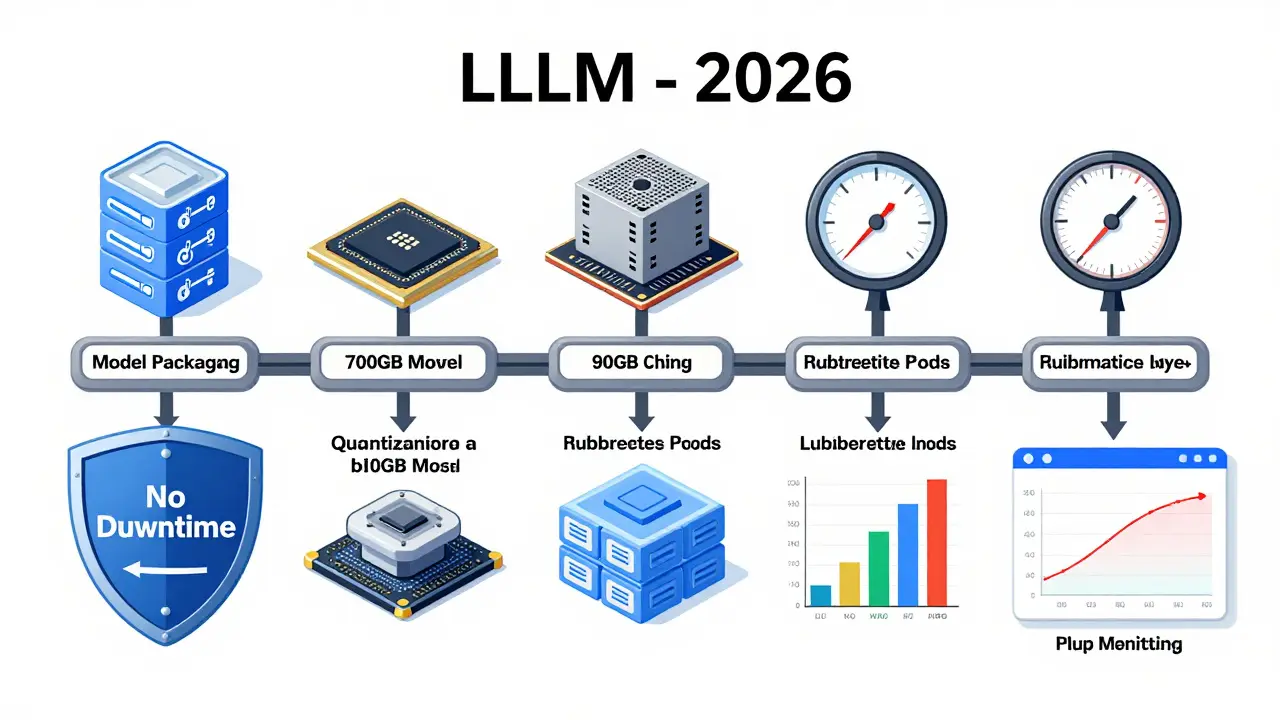 LLM production pipeline illustrated as an assembly line with quantization, testing, autoscaling, and monitoring stages.