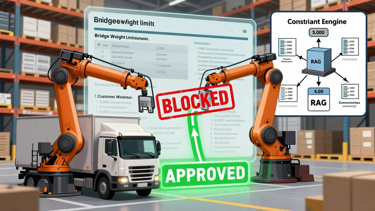 Logistics robot following approved route while blocked path shows bridge weight limits and regulations.