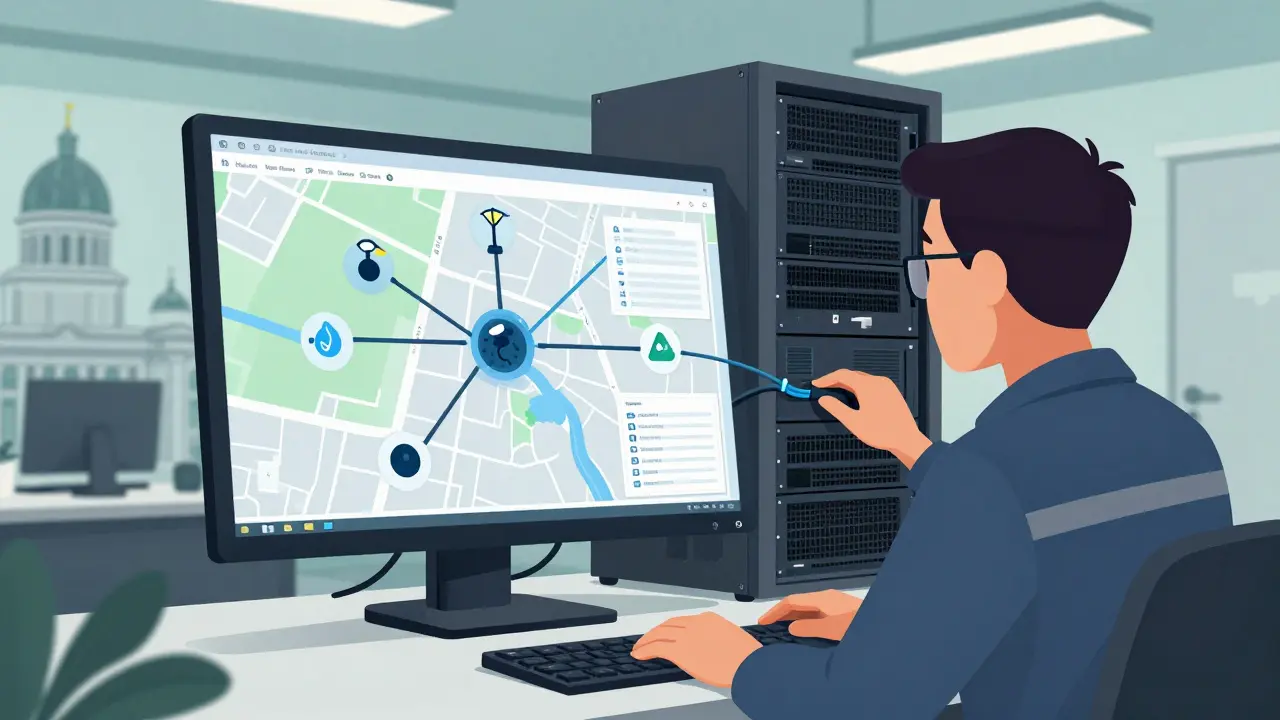Municipal worker using local server to track city infrastructure data. No cloud connections.