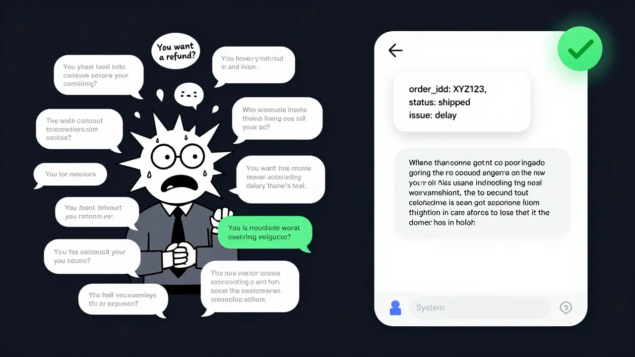 Side-by-side chat interfaces: chaotic untracked conversation vs. clean state-tracked conversation with summary and anchor.