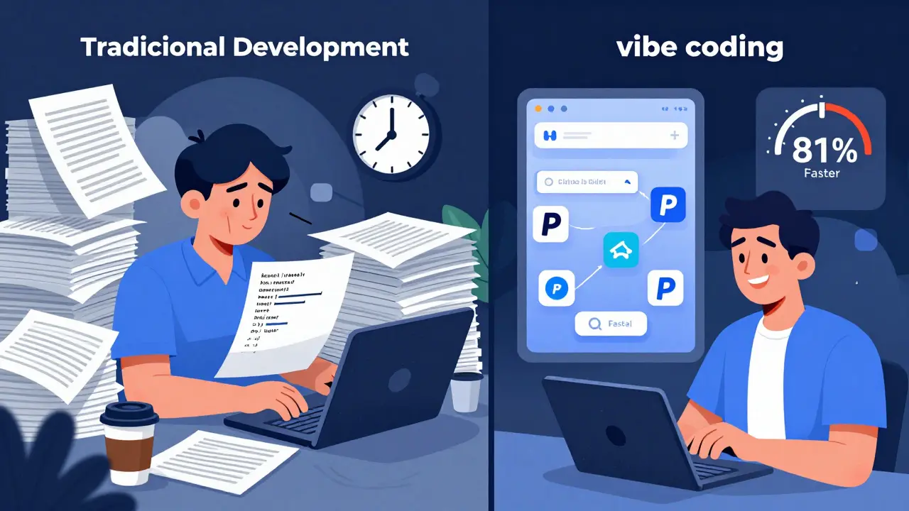 Side-by-side comparison: traditional development taking 17 hours vs. vibe coding completing in 3 hours with animated speed boost.