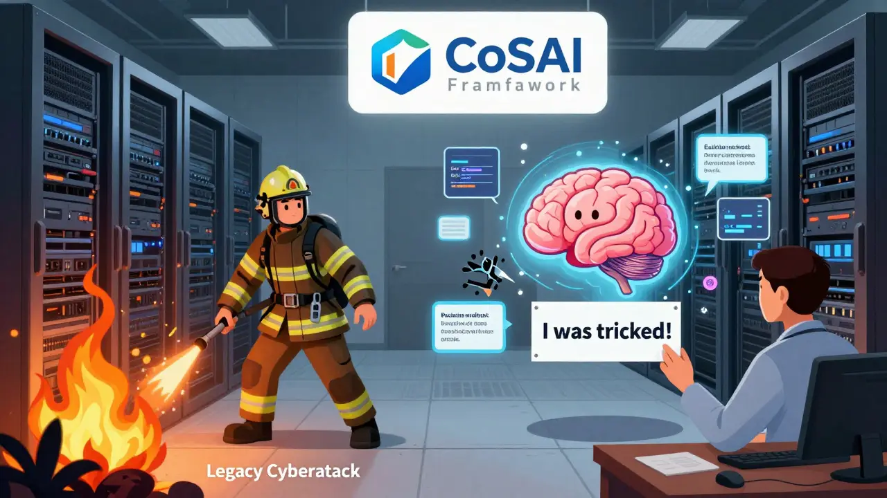 Split scene: traditional cyberattack firefighting vs. an AI brain being psychologically examined after being tricked by malicious inputs.