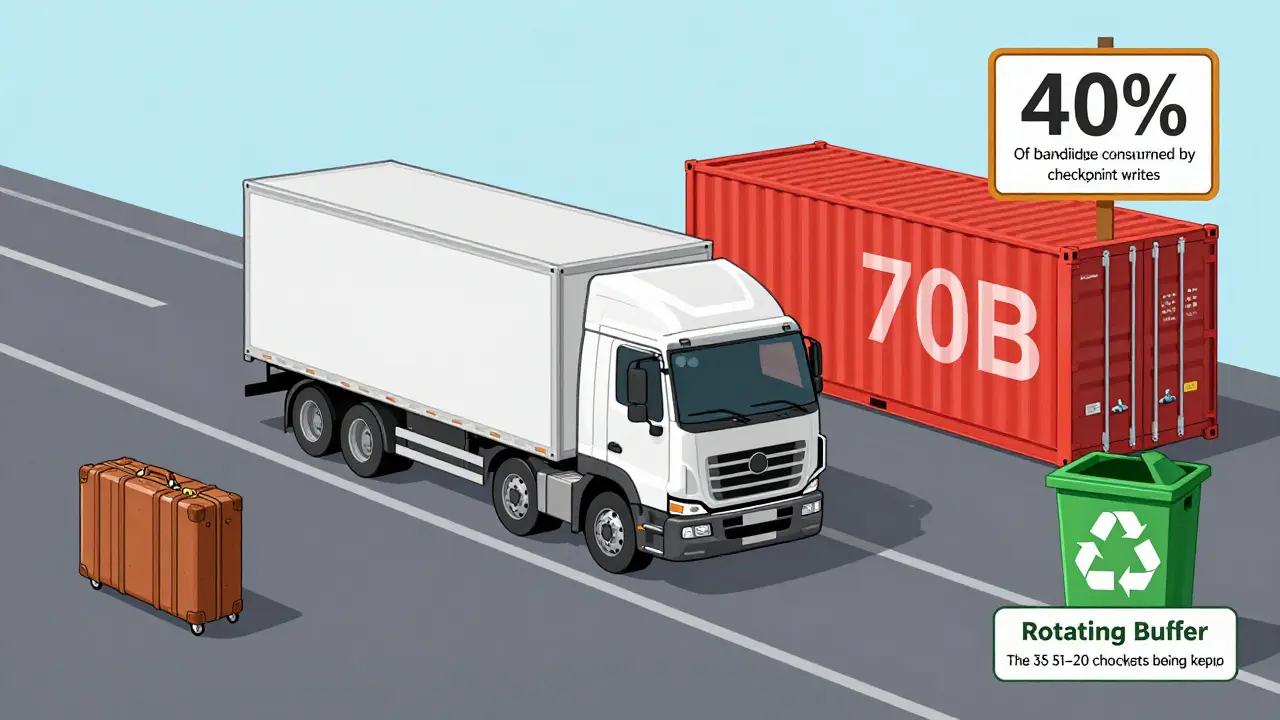 Storage scale comparison of model checkpoints from suitcase to shipping container, with bandwidth warning.