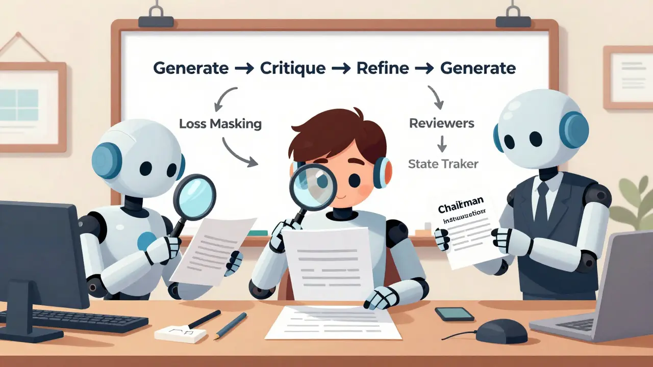 Three AI agents collaborate in a workshop: Candidate, Reviewers, and Chairman refining responses with feedback loops.