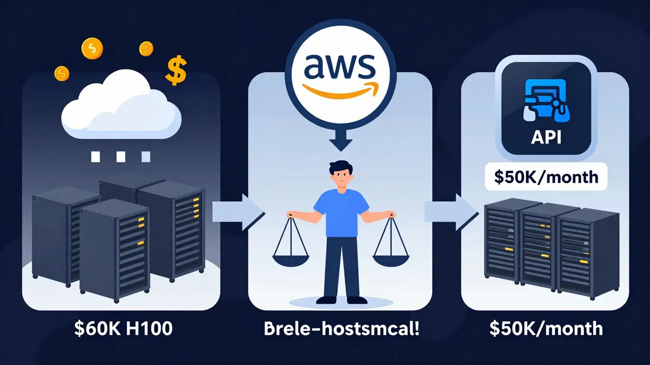 Three LLM deployment options: cloud, self-hosted, and API, shown with cost indicators and a decision scale.
