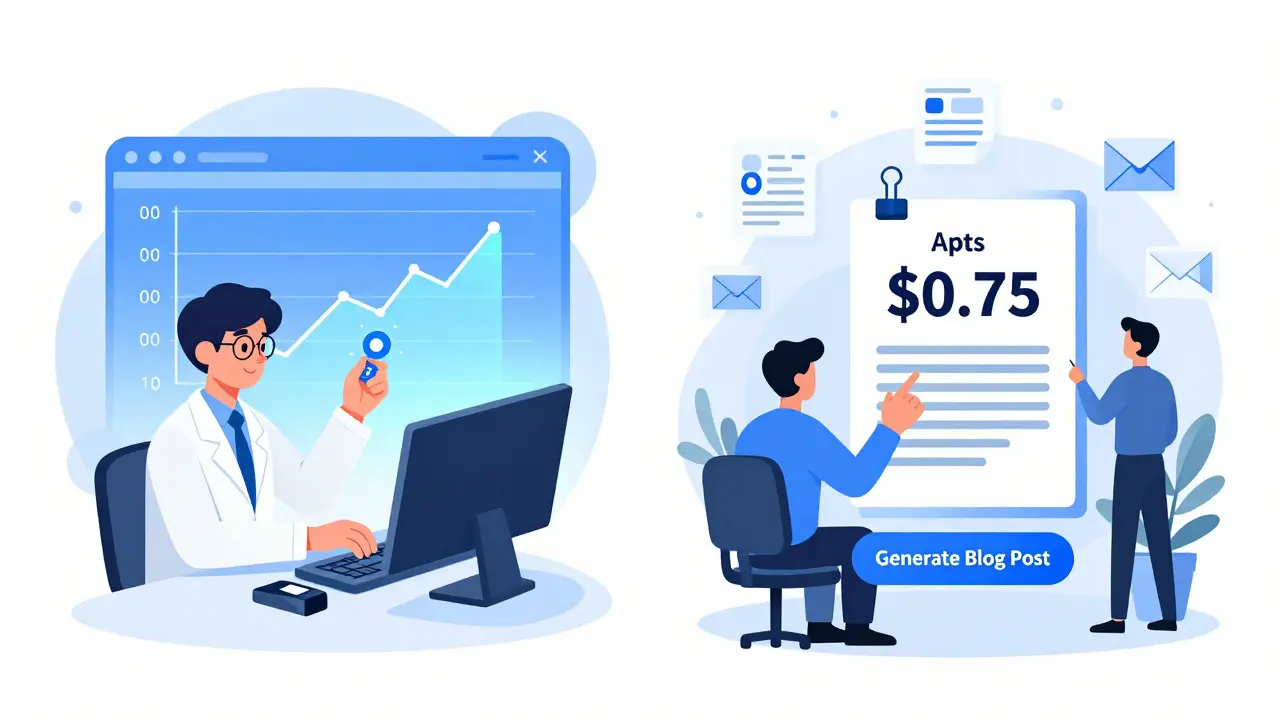 Two contrasting workflows: a developer counting tokens vs. a team clicking one button for a fixed-price output.