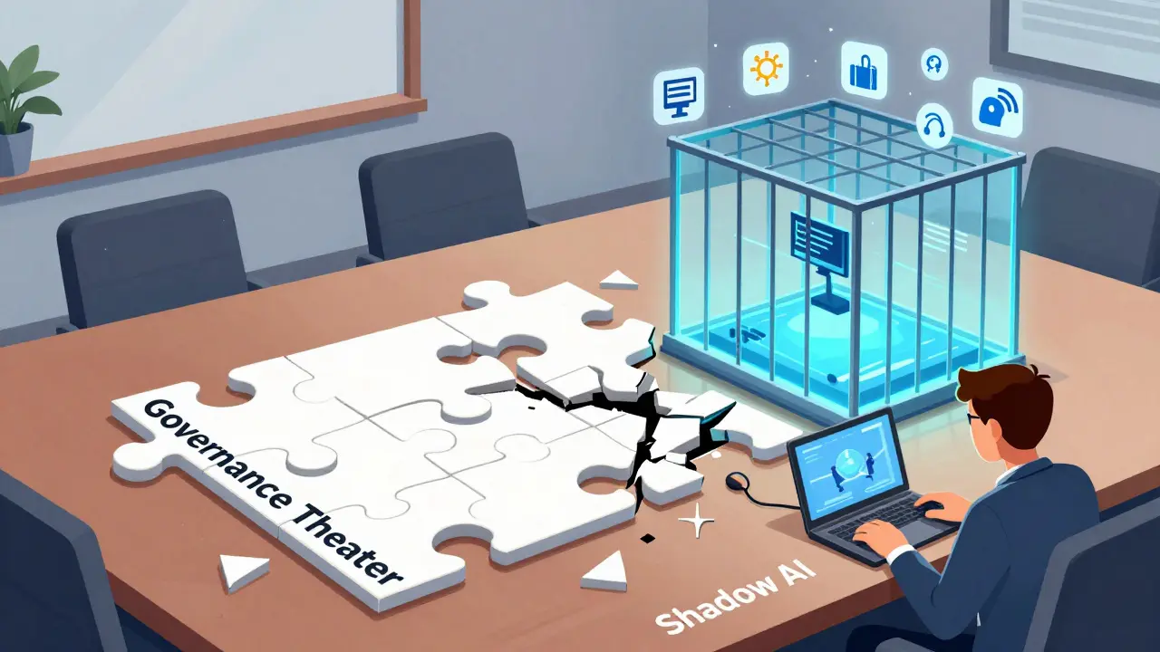 A broken governance puzzle in a boardroom while an employee uses AI inside a secure sandbox.