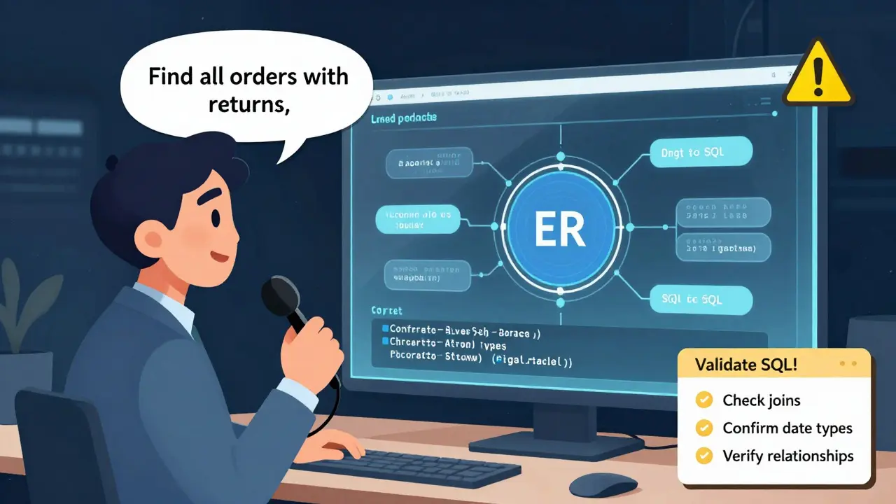 A business analyst's voice generates a dynamic ER diagram and SQL query, with a validation warning icon visible.