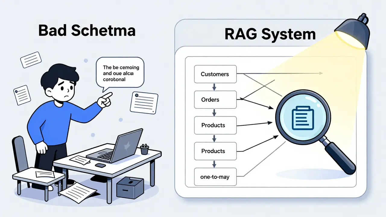 A confused user faces a messy database structure, while a clean, accurate ER diagram glows with real-time metadata retrieval.