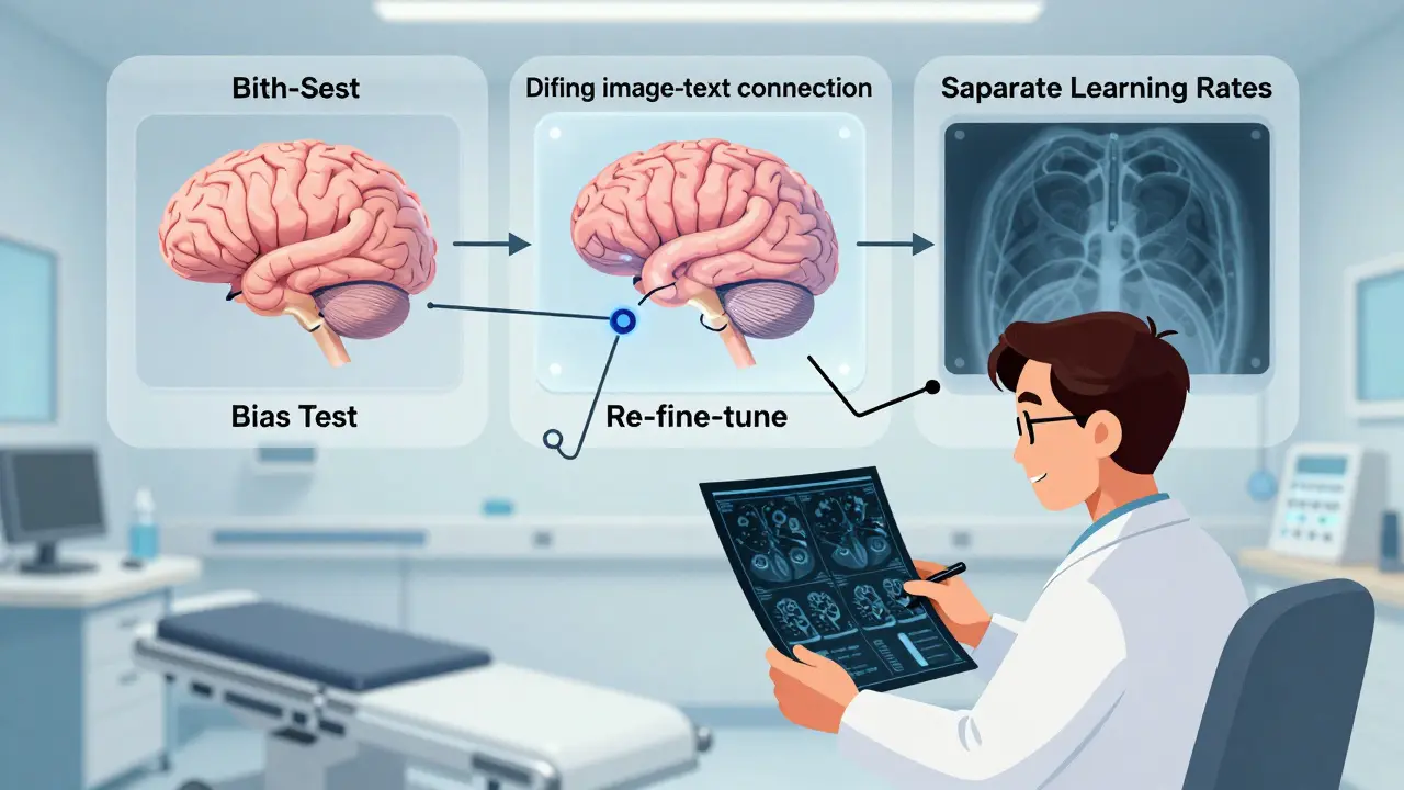 A doctor reviewing an AI report while hidden biases and alignment issues are visualized and corrected behind them.