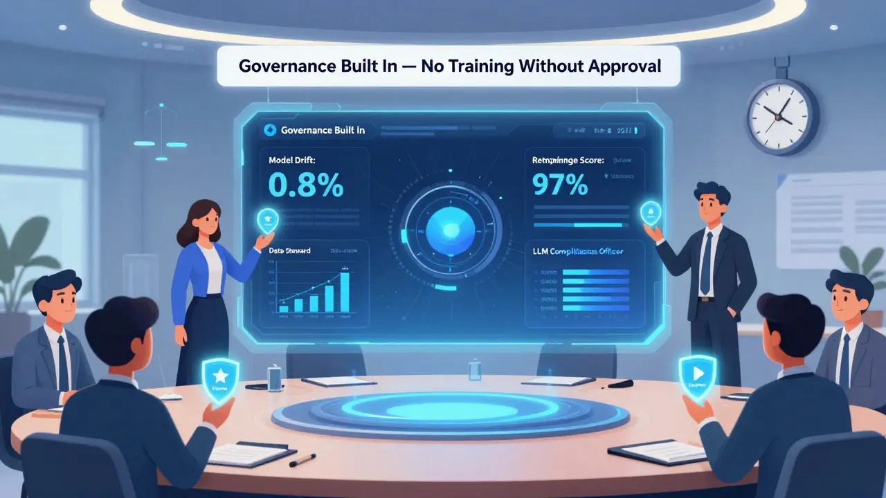 A futuristic governance dashboard shows real-time AI compliance metrics while team roles hold tokens for their governance duties.
