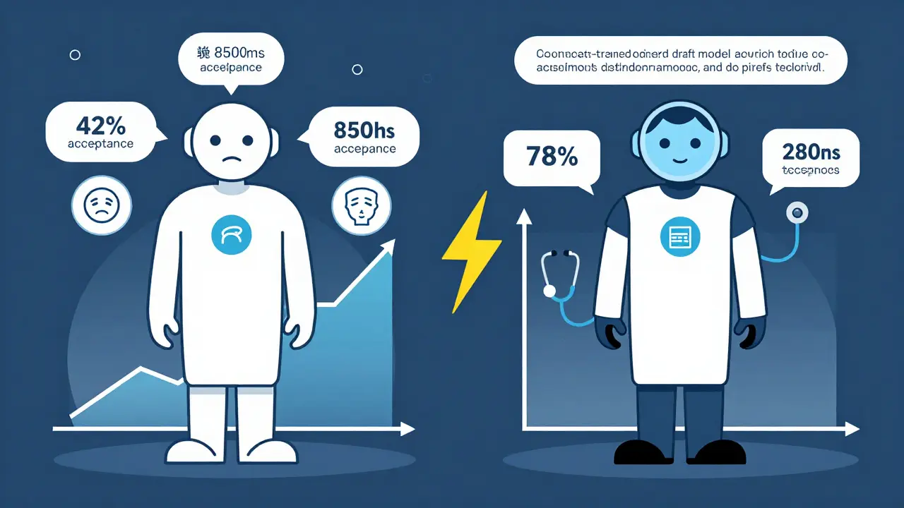 A healthcare chatbot's response time drops from 850ms to 280ms after training the draft model on clinical notes.