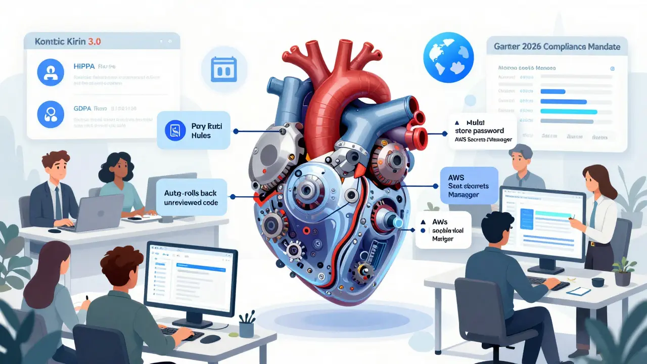 A mechanical compliance engine inside an IDE enforces policy rules, blocking risky code and auto-rolling back unreviewed changes, with regulatory icons nearby.