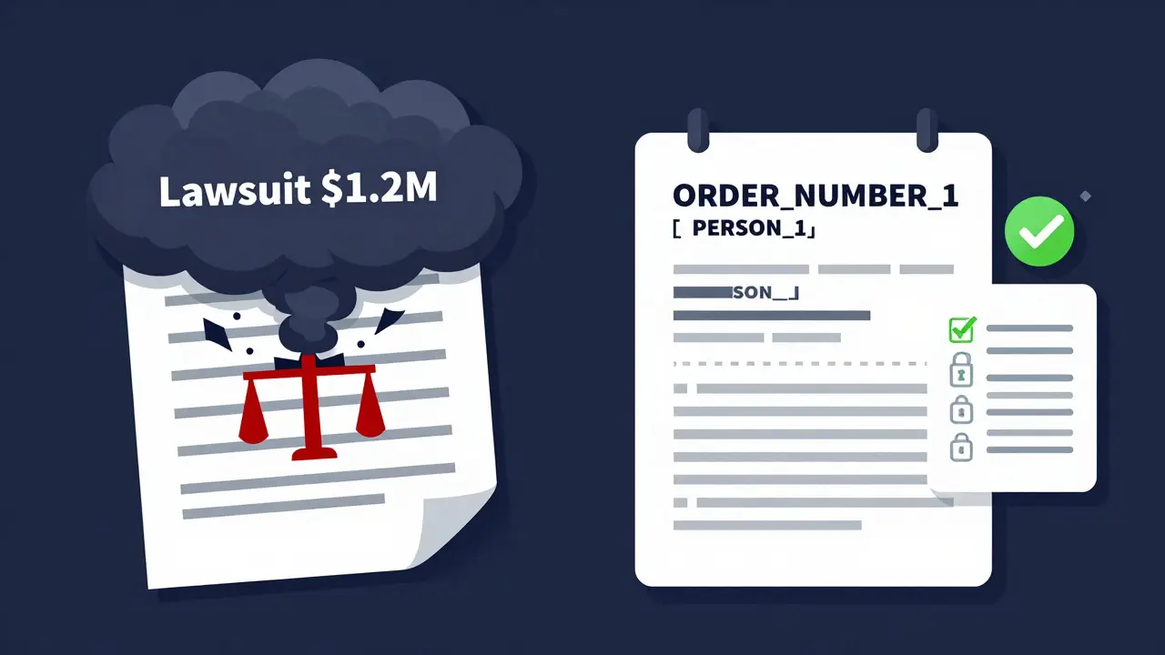 A side-by-side comparison: unredacted data leading to a lawsuit vs. pseudonymized data enabling safe AI processing with a lock icon.