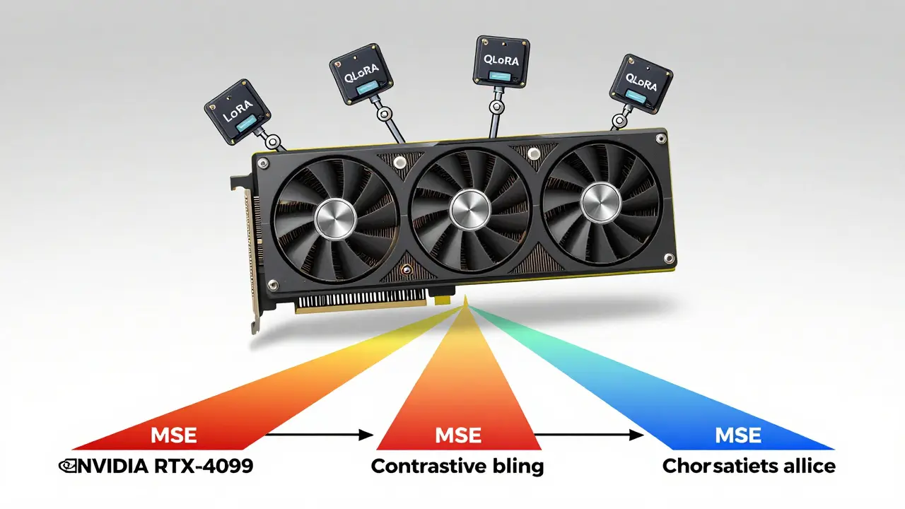 A single GPU with LoRA and QLoRA adapters as mechanical levers adjusting loss functions to produce accurate diagnostic output.