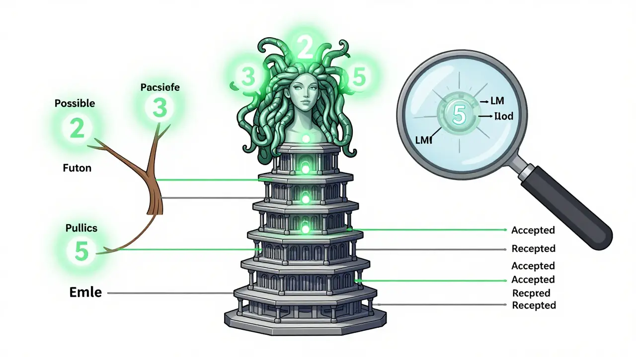 A single LLM with multiple prediction heads generating and verifying token trees, representing the Medusa architecture.