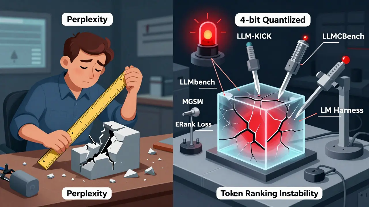 A technical comparison between unreliable perplexity measurement and advanced evaluation tools probing a model for hidden structural weaknesses.