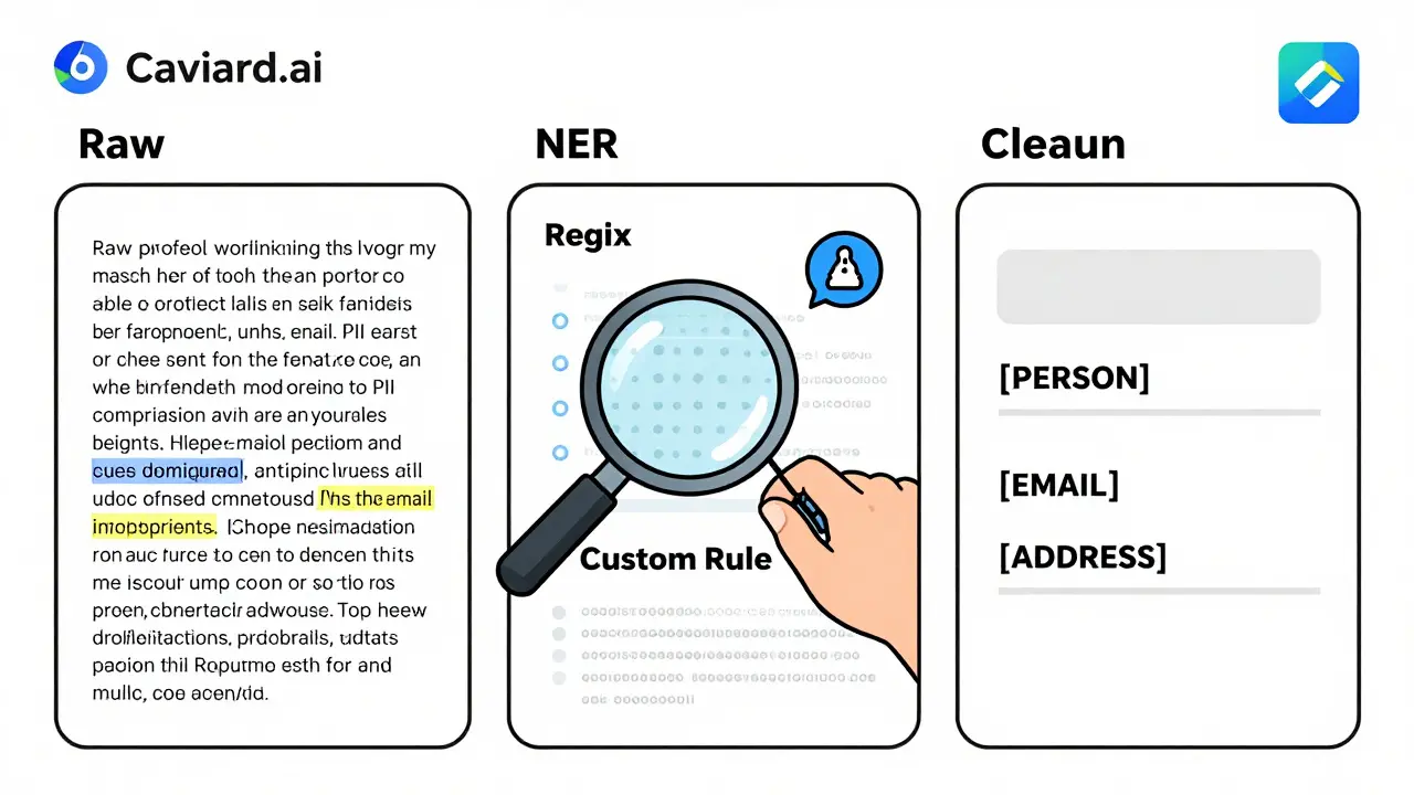 A three-panel workflow showing raw data being scanned by NER, Regex, and custom rules, then replaced with privacy placeholders.