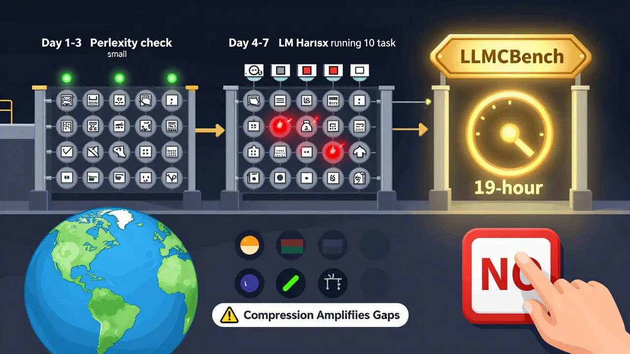 A three-stage evaluation pipeline with failing checks at LLM-KICK stage, and low-resource languages highlighted as vulnerable to compression damage.