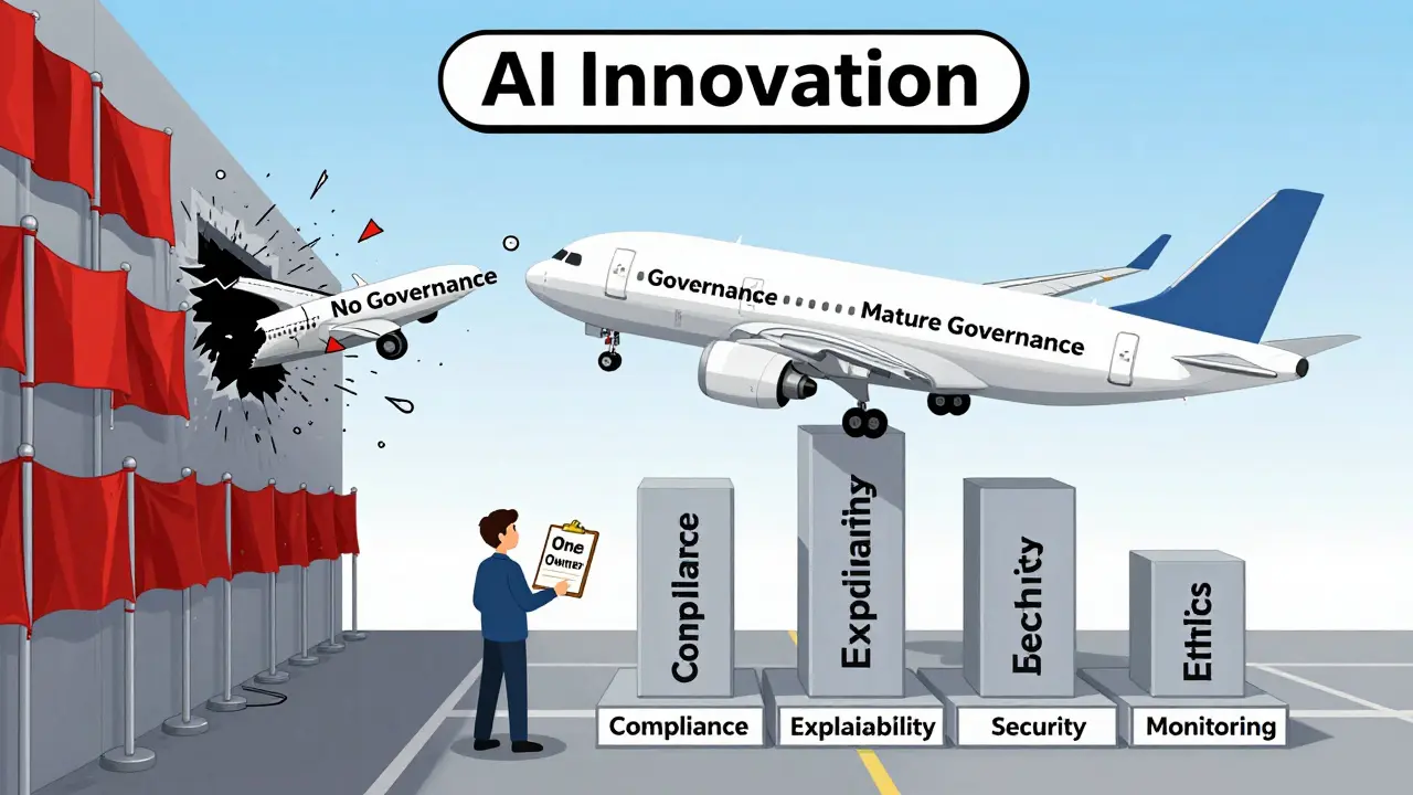 An AI innovation runway with one plane crashing and another flying safely supported by five governance pillars.