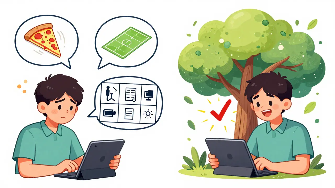 An AI tutor explains a math concept using three different analogies—pizza, sports, and a comic strip—as a student’s progress blooms behind them.