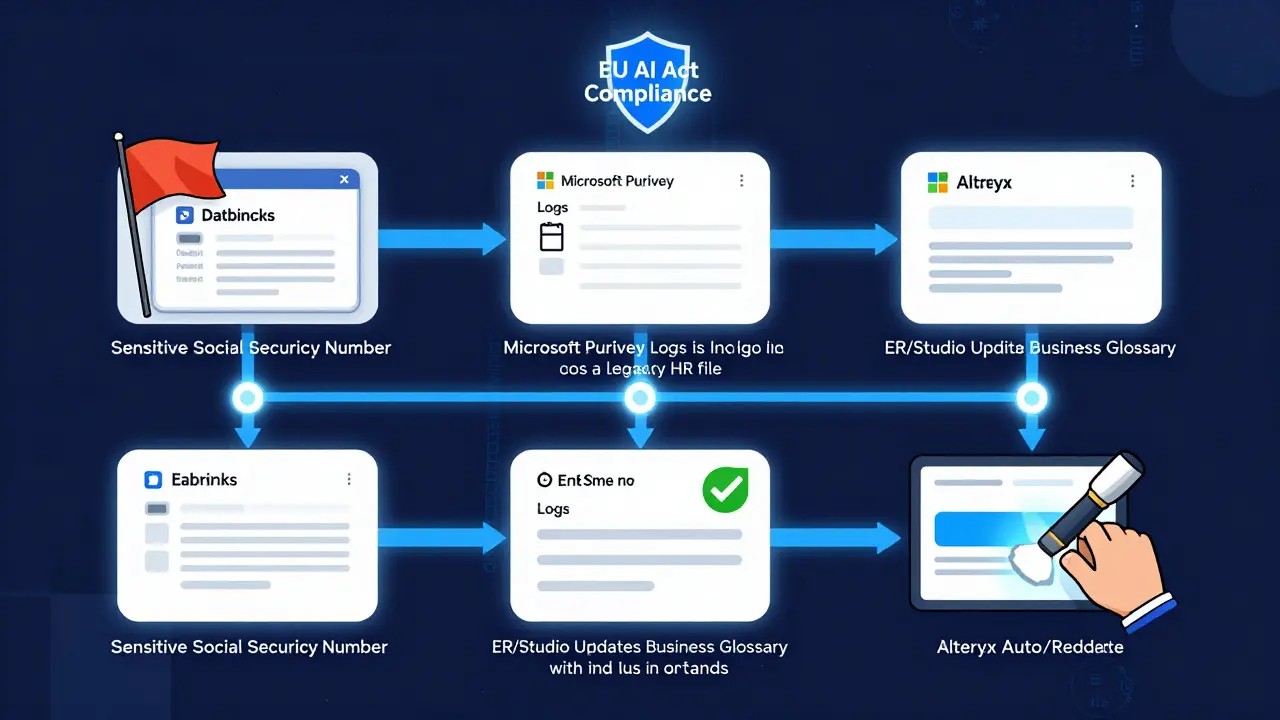 Automated tools — Databricks, Purview, ER/Studio, Alteryx — work together to detect and redact sensitive data in an AI training pipeline.
