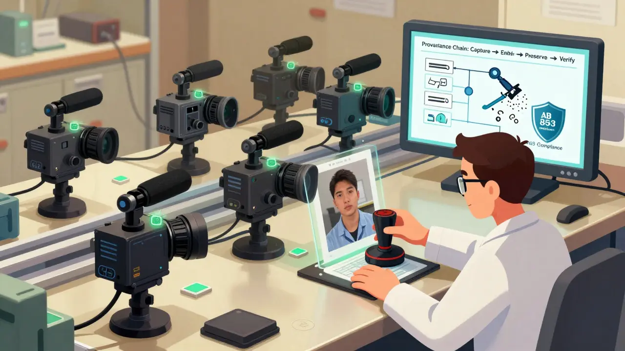 Camera manufacturing line with authentication chips being embedded into sensors.