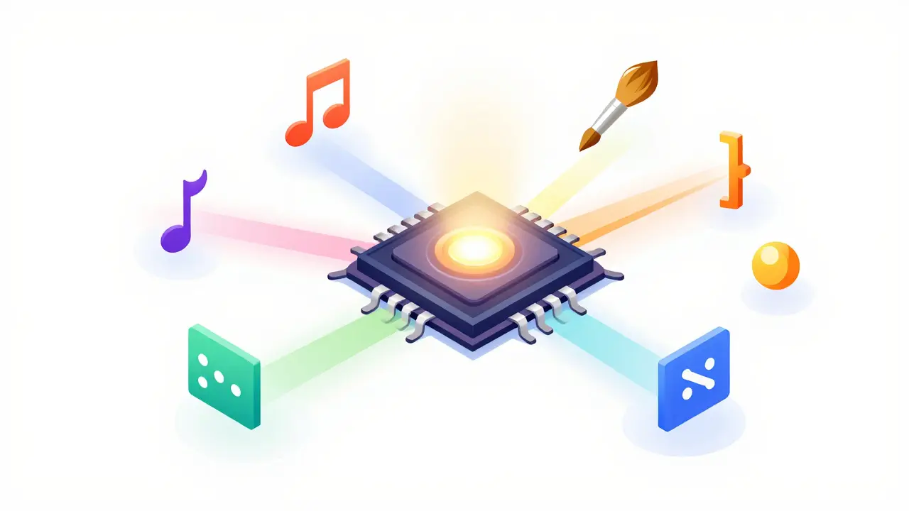 Central chip connecting to art and code symbols illustrating versatile AI.