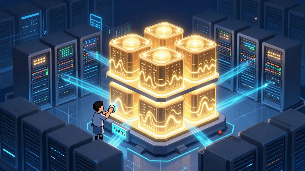 Data center with giant two-layer FFN modules powering LLM servers, labeled FlashFFN, while experimental alternatives flicker in the background.