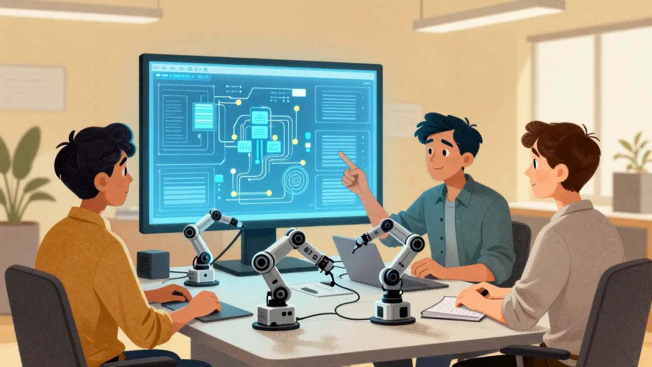 Diverse tech team collaborating around digital plans with helper robots automating tasks