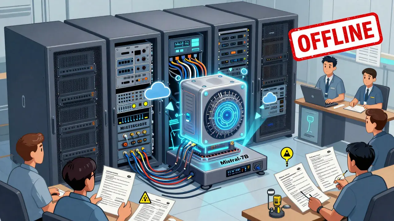 Engineers monitor a secure, offline LLM system processing nuclear facility maintenance logs with no external connectivity.