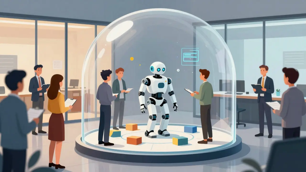 Engineers testing a robot inside a transparent glass dome observed by officials.