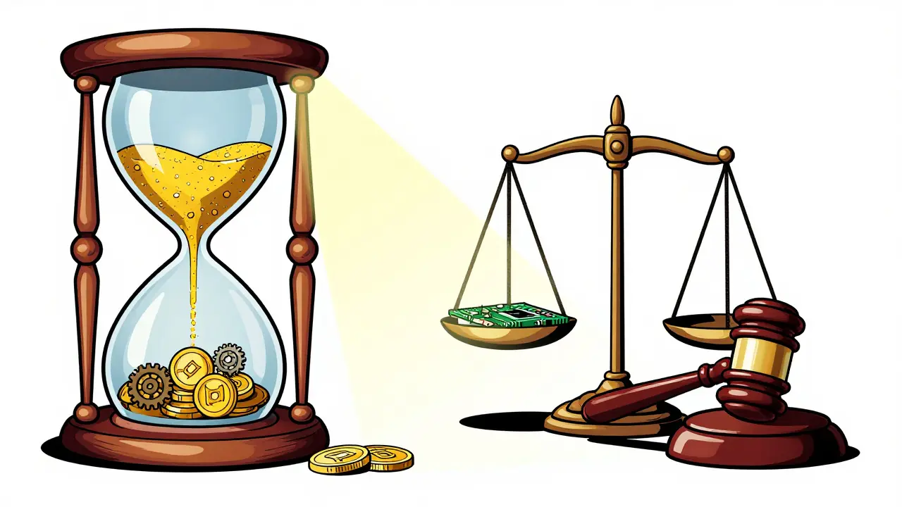 Hourglass with coin sand beside scale balancing tech and law tools.
